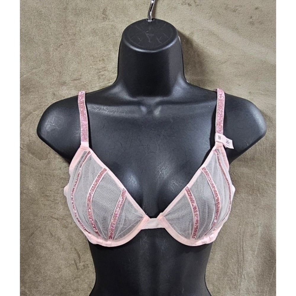 Victoria's Secret Pink Mesh Rhinestone Shine Strap Low Cut Demi Bra 36C NEW